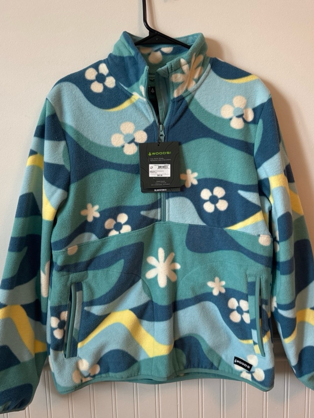 Floral Wave Half-Zip Fleece Pullover - Teal & Navy